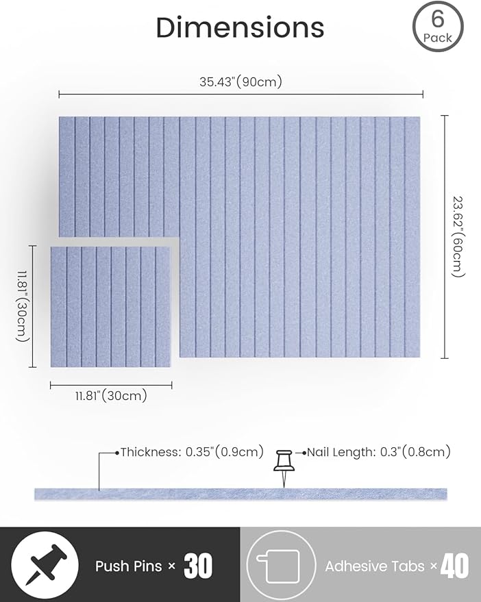 Bumusty Large Cork Board Alternative-36 x24 Felt Bulletin Board Tiles, with 30 Pushpins, 40 Adhesive Tabs, 6-Pack Slat Wall Paneling, Cork Boards for Office Push Pin Board Felt Board-Soft Periwinkle