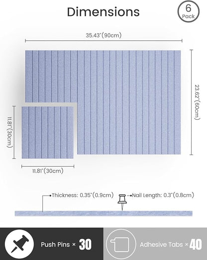 Bumusty Large Cork Board Alternative-36 x24 Felt Bulletin Board Tiles, with 30 Pushpins, 40 Adhesive Tabs, 6-Pack Slat Wall Paneling, Cork Boards for Office Push Pin Board Felt Board-Soft Periwinkle