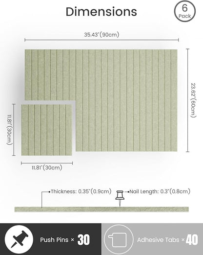 Bumusty Large Cork Board Alternative-36 x24 Felt Bulletin Board Tiles, with 30 Pushpins, 40 Adhesive Tabs, 6-Pack Slat Wall Paneling, Cork Boards for Office Push Pin Board Felt Board-Sage