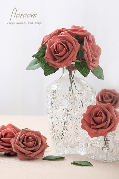 Floroom Artificial Flowers 25pcs Real Looking Dusty Cedar Foam Fake Roses with Stems for DIY Wedding Bouquets Bridal Shower Centerpieces Floral Arrangements Party Tables Home Decorations
