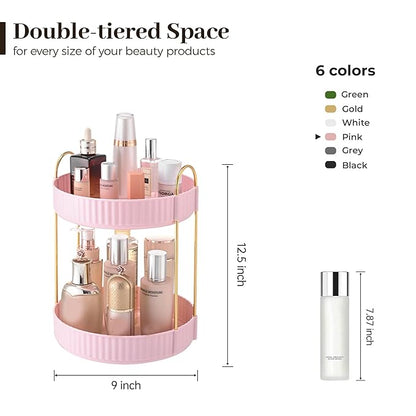 Aveniee 360 Rotating Makeup Organizer for Vanity, Skincare Perfume Organizers, Bathroom Countertop Organizer and Storage, Clear Cosmetics Lipstick Holder for Dresser,2 Tiers, Pink