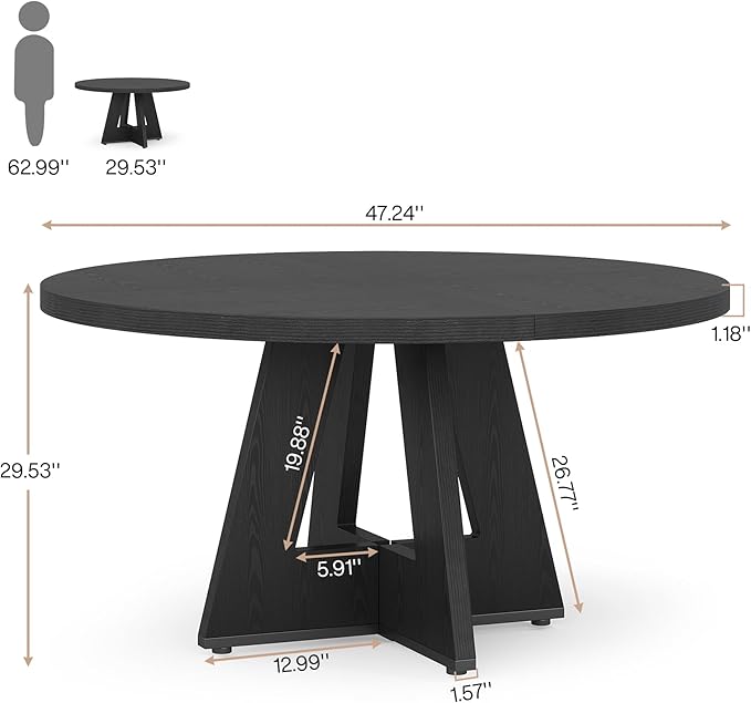 Tribesigns Farmhouse Dining Table 47 Inch Round Dinner Table for 4 Rustic Round, Black