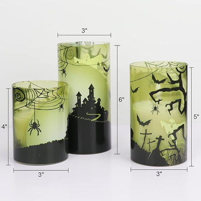 Eldnacele Halloween Flameless Candles with Remote Spider Web, Ghost, Castle Decals Battery Operated Real Wax Flickering Glass Pillar Candle for Spooky Holiday Decor 3 Pack