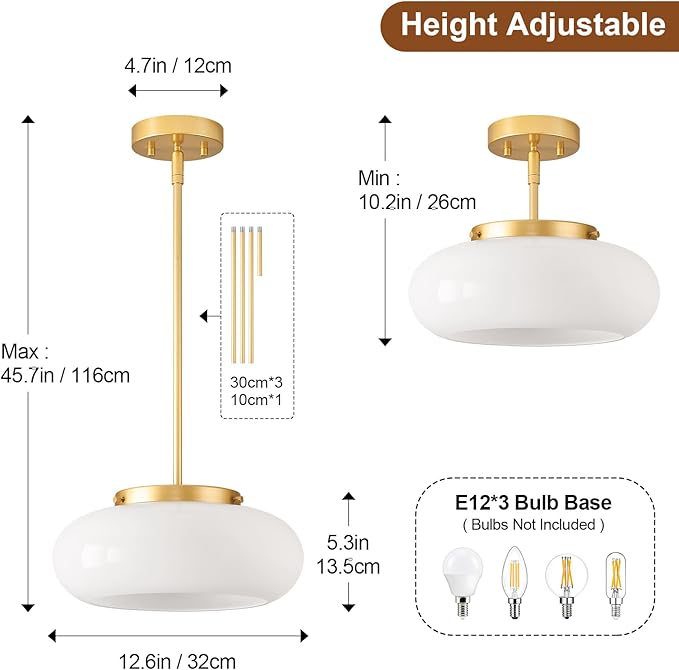Mid-Century Modern Gold Semi Flush Mount Ceiling Light, 3-Light Kitchen Light Fixtures with Glass Shade for Entryway Hallway Bathroom Bedroom (12.6 Inch)