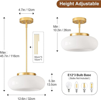 Mid-Century Modern Gold Semi Flush Mount Ceiling Light, 3-Light Kitchen Light Fixtures with Glass Shade for Entryway Hallway Bathroom Bedroom (12.6 Inch)