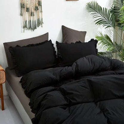 CLOTHKNOW Black Ruffles Queen Comforter Set Farmhouse Bedding Comforter Sets Shabby Chic Comforter Boho Comforter Queen with 2 x Pillow Cases