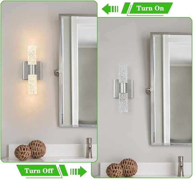 Brushed Nickel Wall Sconces Set of 2, LED Bathroom Vanity Light Fixtures, Hardwired Crystal Sconces Wall Lighting Over Mirror, LED Wall Mount Lights for Bedroom Hallway Indoor, 10W 3000K