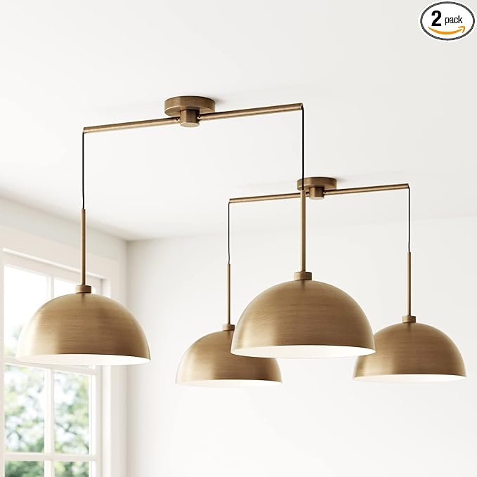 Nathan James Percy Modern 2-Light Pendant Island Light Fixture, Brass Hanging Lights with Gold Metal Shade and Adjustable Cord, for Kitchen, Living Room, Vintage Brass, Set of 2