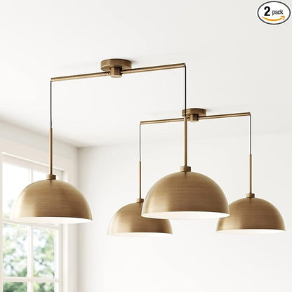Nathan James Percy Modern 2-Light Pendant Island Light Fixture, Brass Hanging Lights with Gold Metal Shade and Adjustable Cord, for Kitchen, Living Room, Vintage Brass, Set of 2