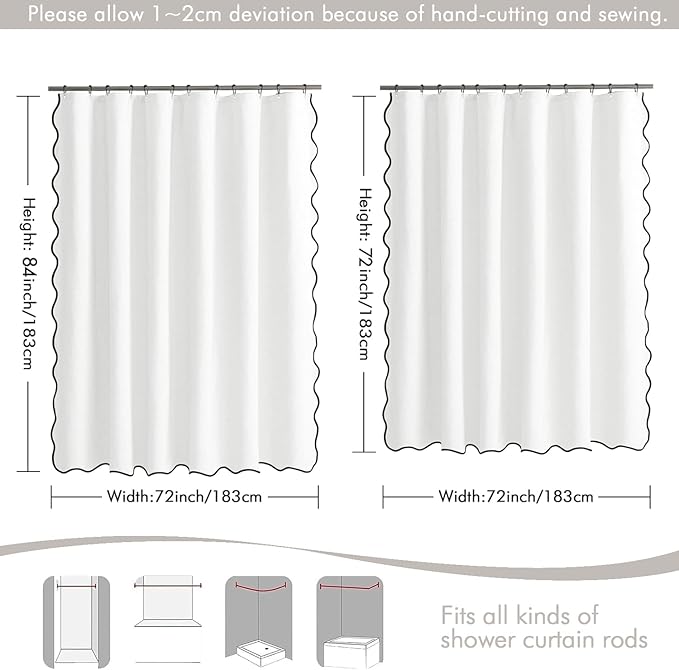MIULEE White Scalloped Shower Curtain Linen Textured with 12 Metal Hooks Cute Heavy Duty Washable Waterproof Thick Cloth Shower Curtains with Black Border for Bathroom Hotel Bathtub,W72*L72
