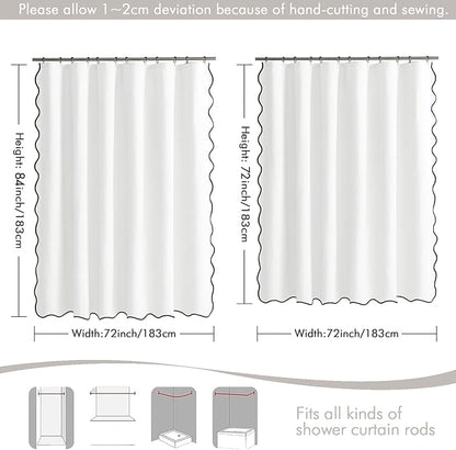 MIULEE White Scalloped Shower Curtain Linen Textured with 12 Metal Hooks Cute Heavy Duty Washable Waterproof Thick Cloth Shower Curtains with Black Border for Bathroom Hotel Bathtub,W72*L72