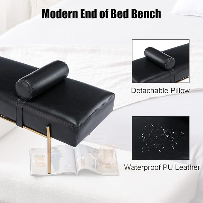 Modern End of Bed Bench, Upholstered Entryway Bench with Detachable Pillow for Living Room, PU Leather Ottoman Bench with Gold Metal Legs, Comfy Cushion Bedroom Decoration Benches (Black)