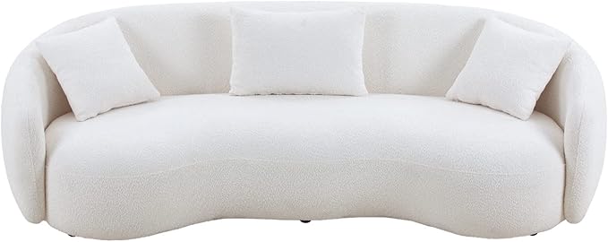 KEIKI 94" Boucle Half Moon Curved Sectional Sofa with 3 Throw Pillows, Modern Style 4-Seater Teddy Fleece Leisure Couch with Curved Backrest, Easy Assembly, for Apartment, Living Room, Bedroom, Whtie