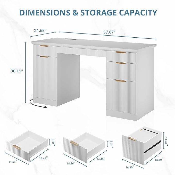 FURSUN 58" Fluted Modern Desk with Storage, Home Office Desk with 1 File Cabinet & 5 Drawers, Wood Executive Computer Writing Desk for Study, Living Room, Bedroom, White