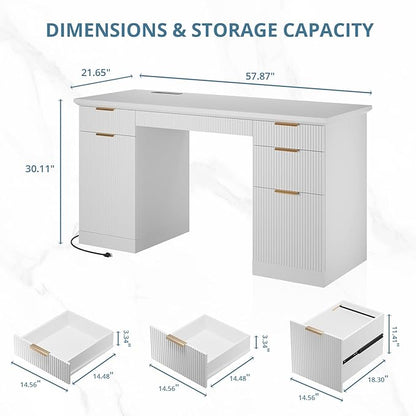 FURSUN 58" Fluted Modern Desk with Storage, Home Office Desk with 1 File Cabinet & 5 Drawers, Wood Executive Computer Writing Desk for Study, Living Room, Bedroom, White