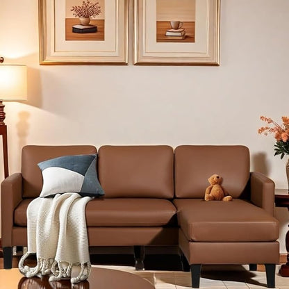 Small Sectional Sofa L Shape Convertible Leather Sleeper Couch with Lounge for Living Room Office Apartment, Brown