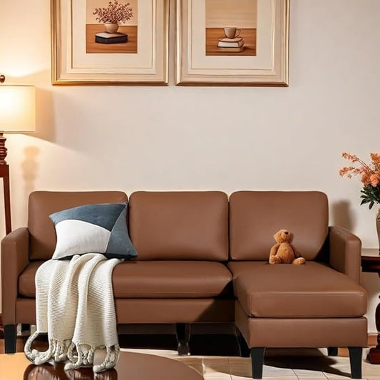 Small Sectional Sofa L Shape Convertible Leather Sleeper Couch with Lounge for Living Room Office Apartment, Brown