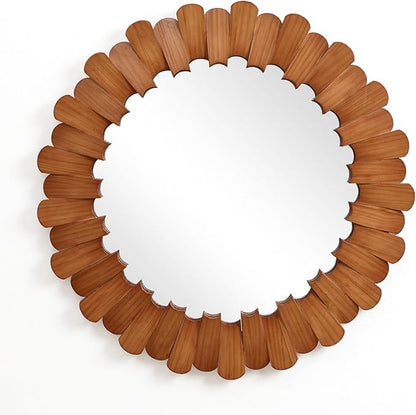 LuxenHome 35-Inch Round Wood Wall Mirror for Lving Room, Vintage Circle Decorative Vanity Mirror with Petal Frame, Wall Mounted Hanging Sculptures for Bathroom Bedroom Entryway Home Decoration