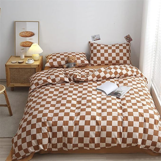 Pureant Pumpkin White Plaid Comforter Set Full Brown and White Checkered Bedding Comforter Soft Women Girls Brown Checkerboard Grid Quilts Full Size Boho Pumpkin Buffalo Plaid Comforter Geomertic