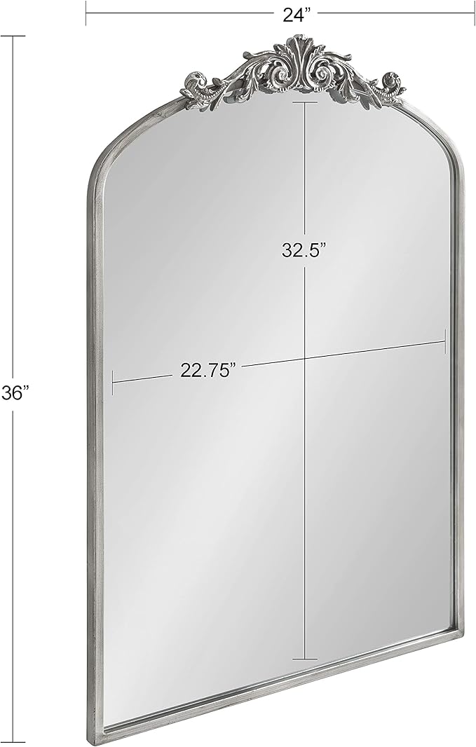 Kate and Laurel Arendahl Traditional Arch Mirror, 24 x 36, Antique Silver, Baroque Inspired Wall Decor