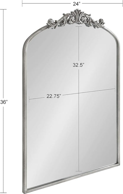 Kate and Laurel Arendahl Traditional Arch Mirror, 24 x 36, Antique Silver, Baroque Inspired Wall Decor
