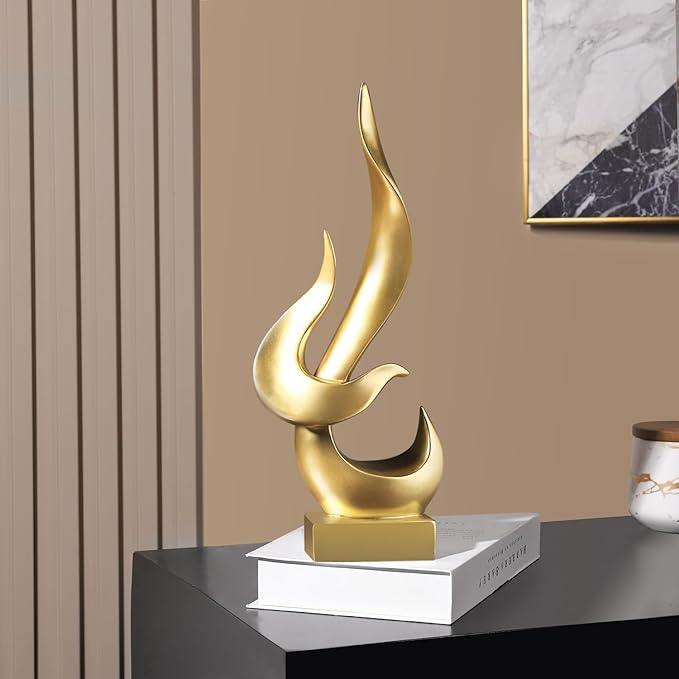 15" Fire Sculpture - Decorative Objects for Living Room, Dining Room - Gold Modern Abstract Art Decor, Resin Craft for Home Decor & Gifts