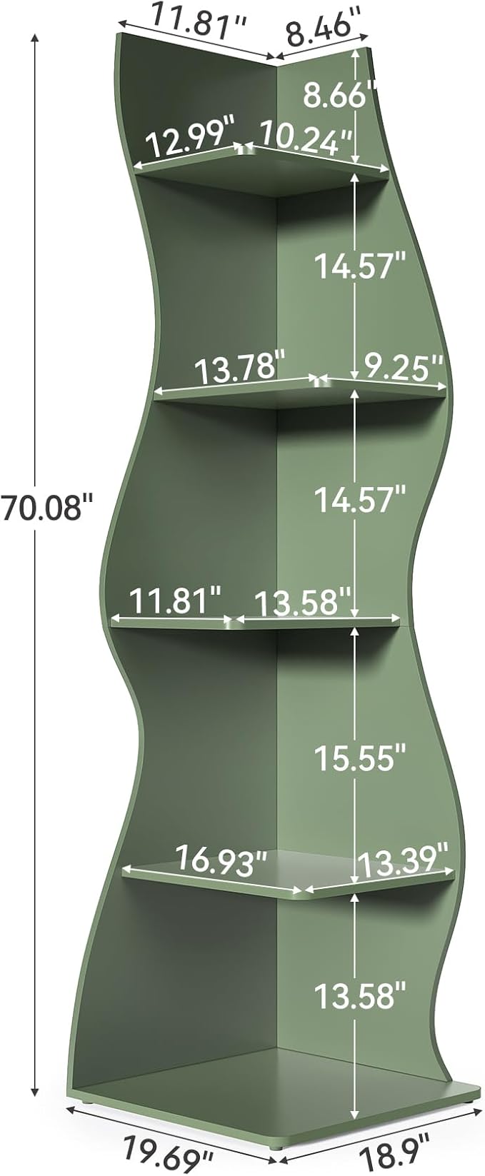 LITTLE TREE Small Corner Shelf, Modern 5-Tier Wall Corner Bookshelf, Stylish Bookcase Storage Rack for Small Space, Living Room, Bedroom, Green, 2 Pack