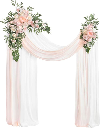 Ling's Moment Pink White Artificial Wedding Arch Flowers Kit Pack of 4, 2pcs Hanging Flower Arrangement 2pcs Chiffon Drapes Ceremony Reception Silk Rose Arbor Backdrop Floral Garden Outdoor Decoration