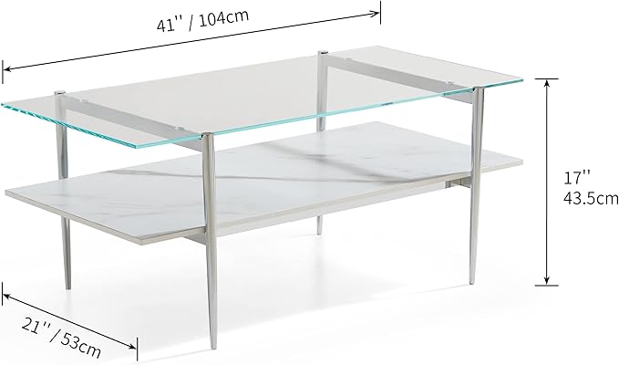 AGV LIGHTING Tadio Glass Coffee Table, Mid-Century Modern Coffee Table for Living Room, Chrome Finish Leg, Clear Glass Top & Faux Marble Wood Shelf, 41 in