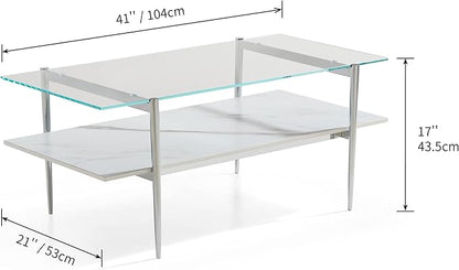 AGV LIGHTING Tadio Glass Coffee Table, Mid-Century Modern Coffee Table for Living Room, Chrome Finish Leg, Clear Glass Top & Faux Marble Wood Shelf, 41 in