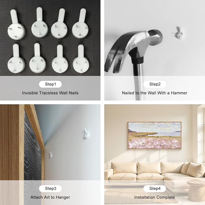 HOURIA Pink Wildflower Coastal Landscape Framed Canvas Wall Art Set,Green Meadow Field Wall Decor,Watercolor Beach Wall Painting,Modern Seaside Wall Decor for Living Room, Bedroom, Farmhouse-20"x40"x1