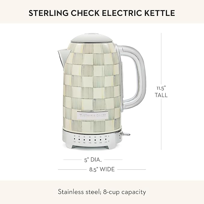 MACKENZIE-CHILDS Electric Kettle, Stainless-Steel Appliances Kettle, Gray-and-White Sterling Check