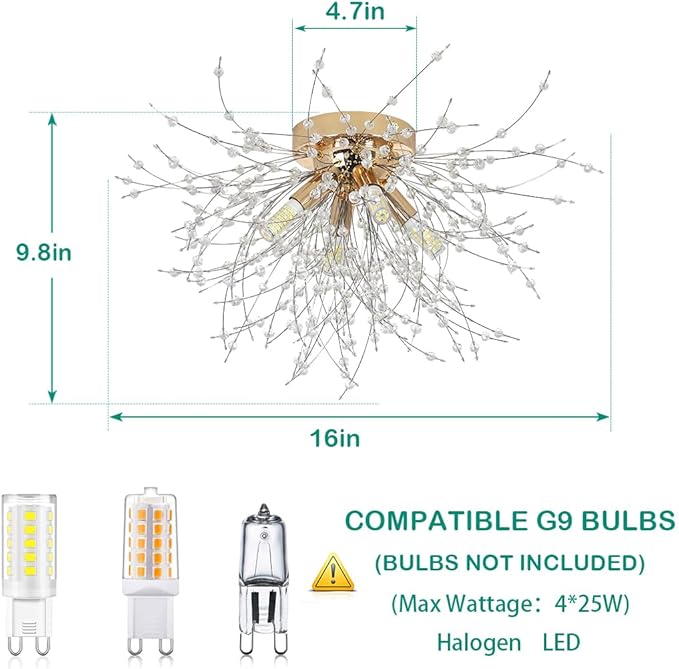 HMVPL Gold Crystal Flush Mount Ceiling Light, 4-Light Brass Mini Chandelier Light Fixture,Modern Sputnik Ceiling Light,Golden Light Fixture for Hallway Kitchen Foyer Nursery Closet Bedroom Dining Room