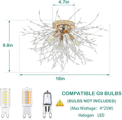 HMVPL Gold Crystal Flush Mount Ceiling Light, 4-Light Brass Mini Chandelier Light Fixture,Modern Sputnik Ceiling Light,Golden Light Fixture for Hallway Kitchen Foyer Nursery Closet Bedroom Dining Room