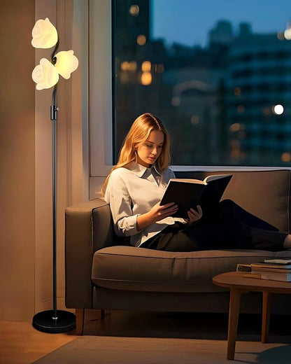 Dimmable Flower Floor Lamp, Modern Black Pole Standing Lamps with 3 Soft Warm White 3000K Bulbs, Mid Century Unique Floral Floor Lamp for Living Room Bedroom Home Decor