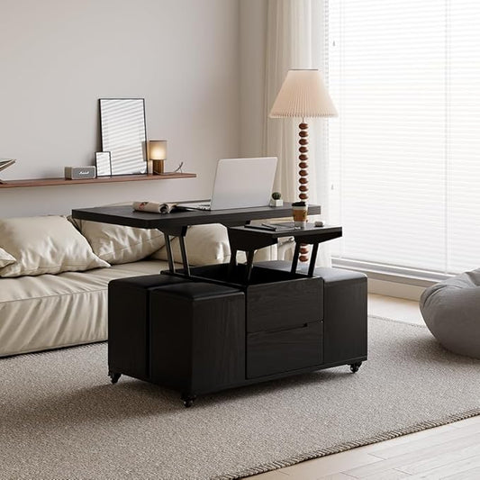 homary Coffee Table with Stools, Black 3-in-1 Modern Lift-Top Folding Center Table with Hidden Storage, Casters, and Lockable Wheels – Convertible Dining & Office Table for Living Room