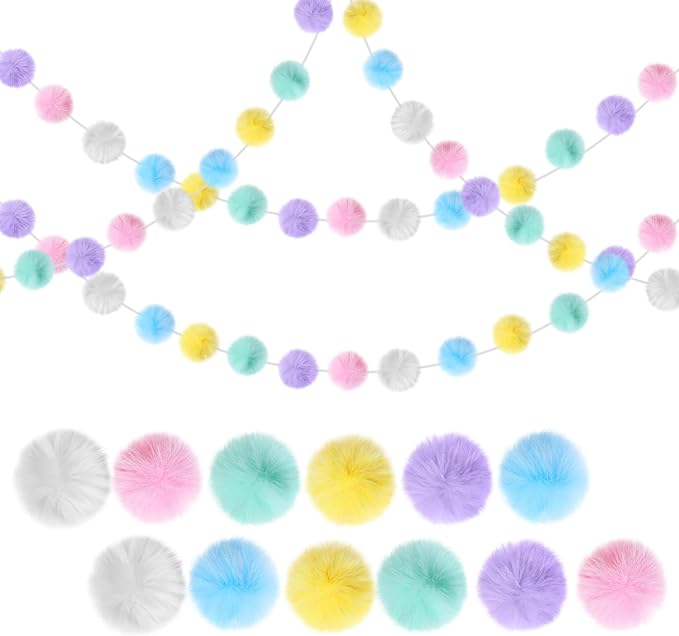 2 Pack Large Pom Poms Garland Hanging Decorations Colorful Soft Faux Rabbit Fur Ball Garland for Easter Xmas Holiday Wedding Baby Shower Birthday Party Supplies(Pastel Color,2.36 Inch)