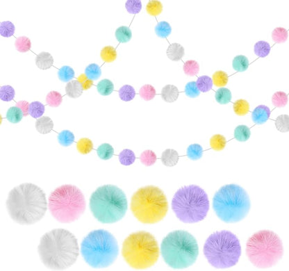 2 Pack Large Pom Poms Garland Hanging Decorations Colorful Soft Faux Rabbit Fur Ball Garland for Easter Xmas Holiday Wedding Baby Shower Birthday Party Supplies(Pastel Color,2.36 Inch)