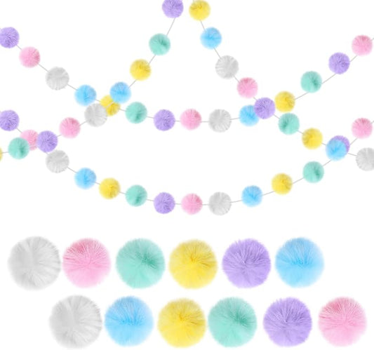 2 Pack Large Pom Poms Garland Hanging Decorations Colorful Soft Faux Rabbit Fur Ball Garland for Easter Xmas Holiday Wedding Baby Shower Birthday Party Supplies(Pastel Color,2.36 Inch)