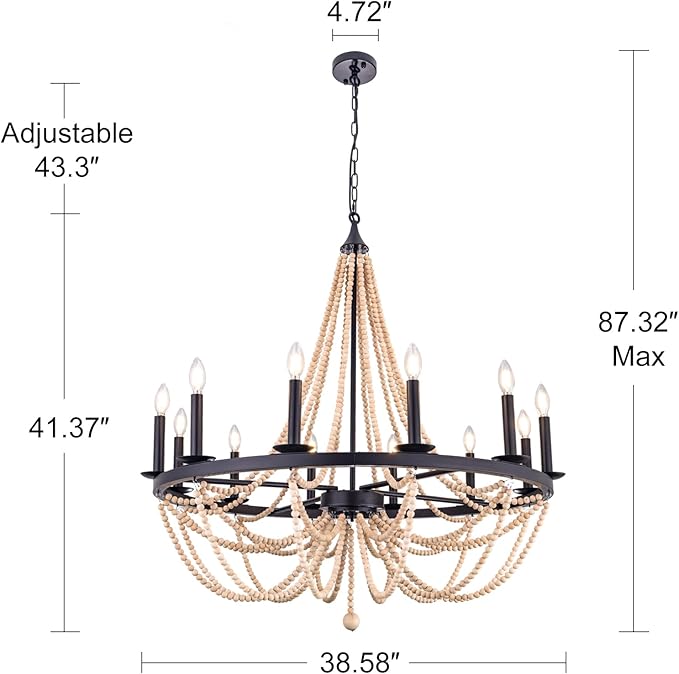 Wellmet Wood Bead Chandelier 38", 12 Light Black Wagon Wheel Chandelier, Farmhouse Dining Room Pendant Light Fixtures Bohemian Coastal Chandeliers for Foyer, Kitchen, Living Room, Entryway, Bedroom