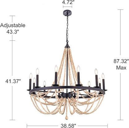 Wellmet Wood Bead Chandelier 38", 12 Light Black Wagon Wheel Chandelier, Farmhouse Dining Room Pendant Light Fixtures Bohemian Coastal Chandeliers for Foyer, Kitchen, Living Room, Entryway, Bedroom