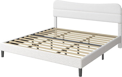 King Size Bed Frame, Upholstered King Bed Frame and Headboard, Teddy Soft Boucle Fabric bedframe King Size, Soft Cloud Marshmallow Shape Upholstered Headboard, No Box Spring Needed, Noise Free (White)