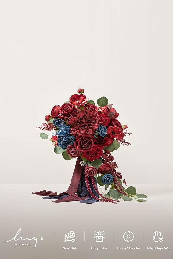 Ling's moment Navy Blue Burgandy Bridal Bouquet Cascading, Jewel Tone Wedding Bouquets for Bride, 15 Inch Bride Bouquets for Wedding Artificial Flowers Bouquets