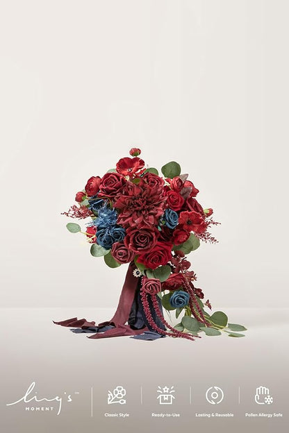Ling's moment Navy Blue Burgandy Bridal Bouquet Cascading, Jewel Tone Wedding Bouquets for Bride, 15 Inch Bride Bouquets for Wedding Artificial Flowers Bouquets