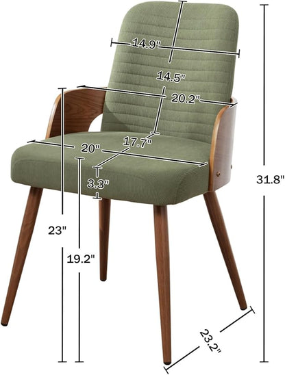 Dining Room Chairs Set of 2,Mid Century Modern Kitchen Chairs,Green Corduroy Fabric Upholstered Chairs,Metal Legs Wooden Desk Chairs,Armless and No Wheels for Kitchen Dining Room
