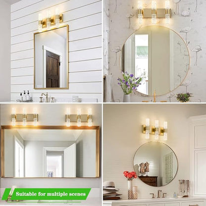 Gold Bathroom Light Fixture, Modern Gold Vanity Light for Bathroom, Crystal 6 Light Bathroom Light Fixtures Over Mirror, 27w LED Bathroom Wall Sconce 3000K Warm White