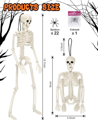 5 Pack Posable Skeleton Halloween Decorations, 16in Halloween Skeleton Decor- Full Body Movable Joints with 22 Spiders & Cobweb, Outdoor/Indoor Scary Party Graveyard Props Hanging Skeletons