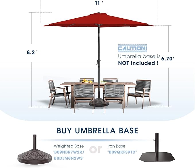 wikiwiki 11 FT Patio Umbrellas Outdoor Table Market Umbrella with Push Button Tilt/Crank,8 Sturdy Ribs, Fade Resistant Waterproof POLYESTER DTY Canopy for Garden, Lawn, Deck,Backyard & Pool,Bright Red