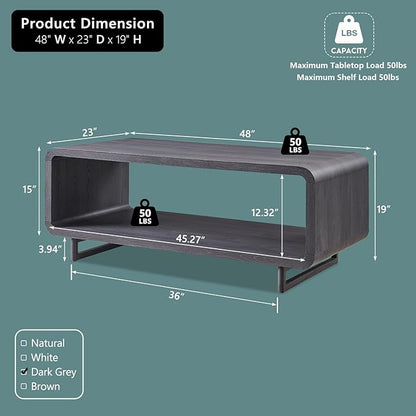 48" Modern Coffee Table, 2-Tier Minimalist Center Table with Storage Shelf, Curved Profile Design, Wooden Rectangular Living Room Table w/Wood Thick Design for Living Room, Office, Dark Grey