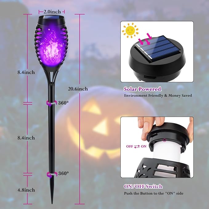 Purple Solar Halloween Lights for Halloween Decorations Outdoor, Solar Torch Lights Flickering Flame for Yard Decorations Outdoor, Waterproof LED Torch Light for Garden Pathway Party Outside Decor